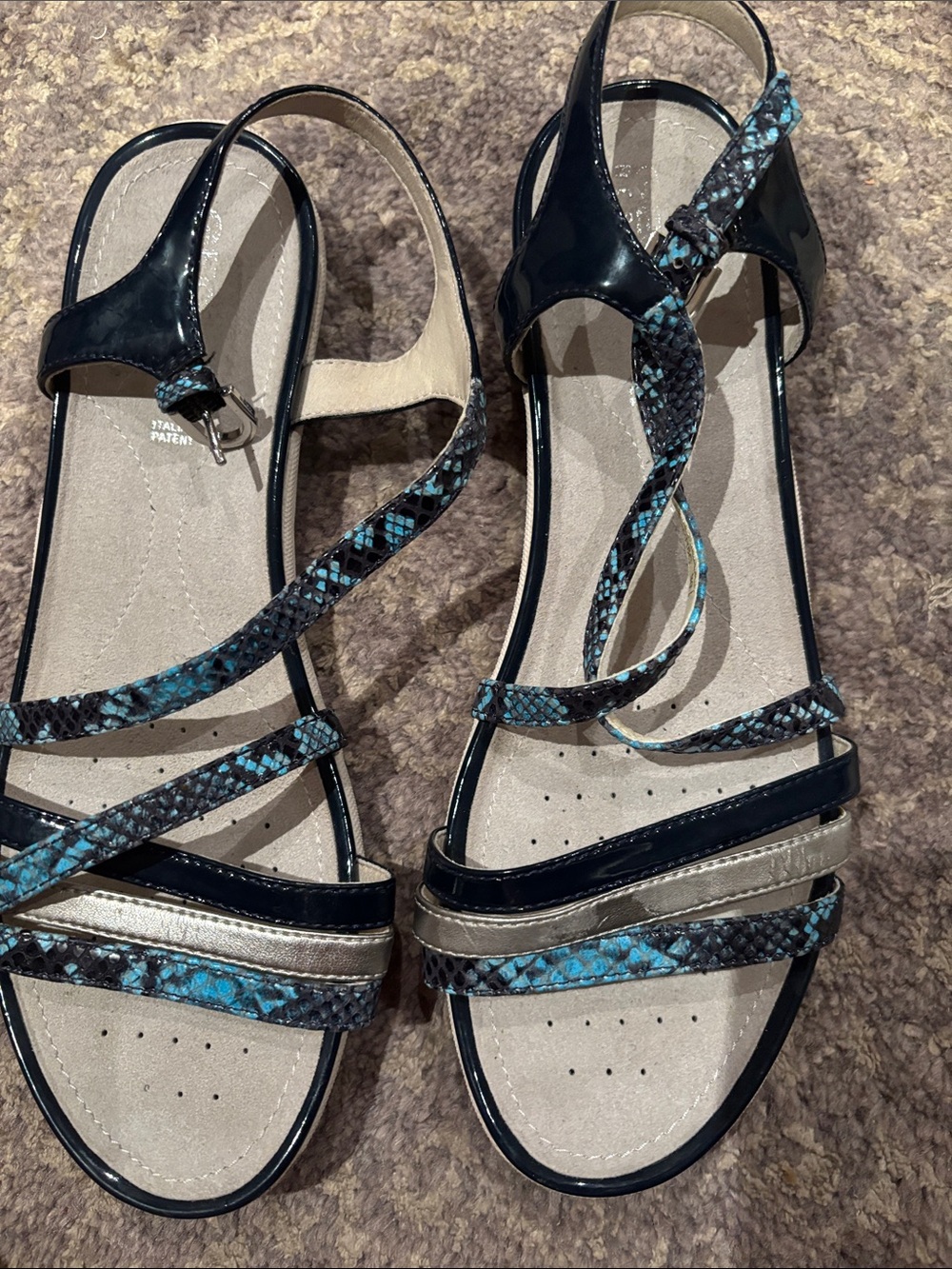 Geox Blue and Teal Snake-Print Strappy Sandals in 39 or 8.5